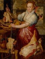 Kitchen maid preparing meat with Christ in the House of Mary and Martha beyond