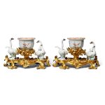 A Pair of Louis XV Gilt-Bronze Mounted Meissen Porcelain Groups, The mounts circa 1745-49; three porcelain swans 18th Century, the fourth of a later date; the bowls late 17th Century/early 18th Century, and associated