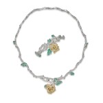 Colored Diamond, Diamond and Emerald 'Rose Bagatelle' Necklace and Bracelet, France