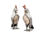 A pair of Portuguese silver and horn cockatoos with rock crystal, tourmaline and coral, Luiz Ferreira, Porto, modern