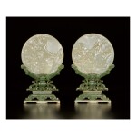  A PAIR OF CELADON JADE TABLE SCREENS WITH STANDS, QING DYNASTY