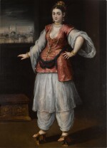 ANDREA DEL MICHIELI, CALLED VICENTINO |  PORTRAIT OF A SULTANA, FULL-LENGTH, WEARING WHITE SALVAR AND GÖMLEK, AND A RED AND GOLD EMBROIDERED YELEK, WITH A CAPRICCIO OF CONSTANTINOPLE BEYOND