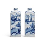 A pair of blue and white square-form bottles and covers, Qing dynasty, Kangxi period | 清康熙 青花山水人物圖方瓶一對