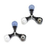 Pair of carbon fibre, white gold, white and grey pearl, chalcedony and diamond cufflinks 