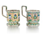 A PAIR OF SILVER-GILT AND CLOISONNÉ ENAMEL TEA GLASS HOLDERS, MOSCOW, 1908-1914