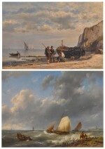 Two coastal views: Fishermen on a beach; Fishermen in a rough sea