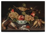 Still life of grapes, pears, and a peach in a porcelain bowl, with a blue tit on a vine branch, together with a mouse, sweetmeats, two snipes, and songbirds