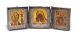 A TRIPTYCH ICON OF THE MOTHER OF GOD, THE MIRACLE OF THE ARCHANGEL MICHAEL AT CHONAE AND THE PROPHET ELIJAH IN THE DESERT, RUSSIAN, LATE 19TH CENTURY