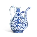 A Ming-style blue and white ewer, Seal mark and period of Qianlong | 清乾隆 青花枇杷壽桃紋明式執壺 《大清乾隆年製》款