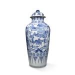A massive blue and white 'figural' 'soldier' vase and a cover, Qing dynasty, Kangxi period | 清康熙 青花開光人物故事圖大瓶配蓋