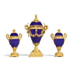 An Assembled Set of Three Louis XVI Style Gilt-Bronze Mounted Blue Royal Porcelain Potpourri Vases and Covers , Circa 1870
