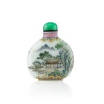 An Enamel on White Glass 'Landscape' Snuff Bottle By Wang Xisan, Circa 1962-65 | 約1962-65年 王習三作料胎畫琺瑯山水圖鼻煙壺 《乾隆年製》仿款