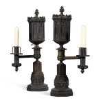 A pair of George IV Gothic revival patinated brass Argand lamps, circa 1830, in the manner of Thomas Messenger & Sons