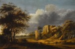 A landscape with the ruined castle of Egmond, a river beyond