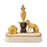 A Late George III Gilt and Patinated Bronze and White Marble Inkstand, Retailed by the Thomas Weeks Museum, London, Circa 1800