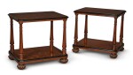 A PAIR OF 'FIDDLE BACK' MAHOGANY AND EBONISED TWO-TIER WHATNOTS MADE BY HOWE, MODERN, IN THE MANNER OF GILLOWS