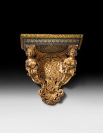 A tortoiseshell, brass and pewter marquetry, giltwood console d'applique, Louis XIV, circa 1700 probably after Oppenordt | Console d'applique en marqueterie d'écaille brune, cuivre et étain, bois doré Louis XIV, probablement d'après Oppenordt