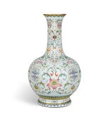 A rare pale celadon ground famille-rose bottle vase, Seal mark and period of Qianlong | 清乾隆 粉青地粉彩纏枝花卉紋賞瓶 《大清乾隆年製》款