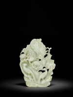 A white jade 'pheasant, lychee and rock' carving, Qing dynasty, 18th century | 清十八世紀 白玉鏤雕錦雞荔枝紋擺件