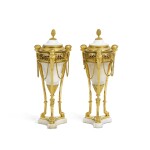 A Pair of Louis XVI Gilt-Bronze and White Marble Cassolettes and Covers, Last Quarter 18th Century  