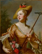 Portrait of a woman in a straw hat, three-quarter length, holding a basket of flowers and a hoe in a landscape