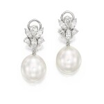 Pair of Cultured Pearl and Diamond Pendent Ear Clips | 御木本 | 養殖珍珠 配 鑽石 耳墜 一對