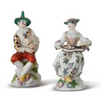 AN ASSEMBLED PAIR OF MEISSEN FIGURES OF HARLEQUIN AND COLUMBINE, CIRCA 1750