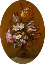 A still life of parrot tulips, roses and other flowers, in a glass vase