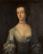 Portrait of Mary Sandys (née Trumbull, d. 1769), half-length, wearing a grey dress with blue bows, lace collar and a pearl necklace