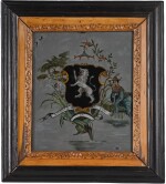 A CHINESE EXPORT STYLE REVERSE PAINTED GLASS ARMORIAL PANEL