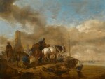 PHILIPS WOUWERMAN | Figures and horses on the shore, with sailing boats beyond