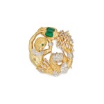 Gold, Emerald and Diamond 'Aquarius' Clip-Brooch