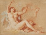 Reclining female nude with her arms raised, a separate study of her right arm