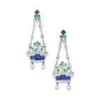 Cartier | Pair of Diamond, Sapphire and Emerald Pendant-Earclips