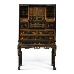 A CHINESE EXPORT BLACK AND GOLD LACQUER CABINET ON STAND, THE CABINET 18TH CENTURY, THE STAND LATER