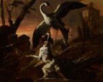 ABRAHAM HONDIUS | Three dogs attacking a crane in a landscape