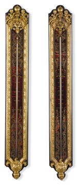 A PAIR OF LOUIS XIV STYLE GILT-BRONZE MOUNTED TURTLESHELL AND BRASS INLAID EBONY BOULLE MARQUETRY THERMOMETER AND BAROMETER SECOND HALF OF THE 19TH CENTURY