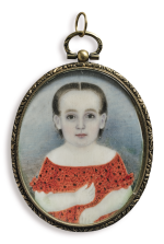 ATTRIBUTED TO MRS. MOSES B. RUSSELL (CLARISSA PETERS) | MINIATURE PORTRAIT OF A GIRL IN A RED DRESS