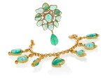 CHANEL | TURQUOISE GRIPOIX CHARM BRACELET AND GREEN GRIPOIX BROOCH 