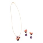  AMETHYST, CORAL AND DIAMOND 'DELICES DE GOA' PENDANT-NECKLACE AND PAIR OF EARCLIPS, CARTIER, FRANCE