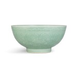 A moulded and incised celadon-glazed 'herbaceous peony' bowl Seal mark and period of Qianlong | 清乾隆 粉青釉纏枝芍藥大盌 《大清乾隆年製》款