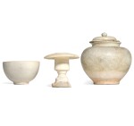 A group of three white-glazed pottery vessels, Tang / Song dynasty | 唐至宋 各式白釉陶器 一組三件