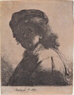 Self-Portrait in a Cap and Scarf with Face Dark: Bust (B., Holl. 17; New Holl. 120; H. 108)