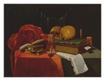CIRCLE OF MADELEINE BOULLOGNE | VANITAS STILL LIFE WITH BOOKS, SKULLS, MUSIC, AN HOURGLASS, A FRAME, AND OTHER OBJECTS, ALL ON A TABLE