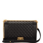 Chanel Black Quilted New Medium Boy Bag of Lambskin Leather with Antique Gold Hardware