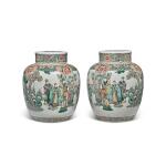 A pair of famille-verte 'officials' ovoid jars and covers, Qing dynasty, 19th century | 清十九世紀 五彩人物故事圖蓋罐一對
