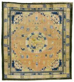 THE THYSSEN-BORNEMISZA LION-DOG AND 'HUNDRED ANTIQUES' MEDALLION CARPET, NINGHSIA, WEST CHINA, QING DYNASTY, SECOND HALF 18TH CENTURY
