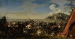 JACQUES COURTOIS, CALLED BORGOGNONE | A BATTLE SCENE WITH SOLDIERS ON HORSEBACK, A WALLED CITY RAISED ON A HILL BEYOND