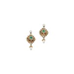  PAIR OF EMERALD, DIAMOND AND SEED PEARL EARRINGS, 1870S