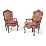 A Pair of Venetian Rococo Parcel-Gilt Painted Armchairs, Circa 1750 